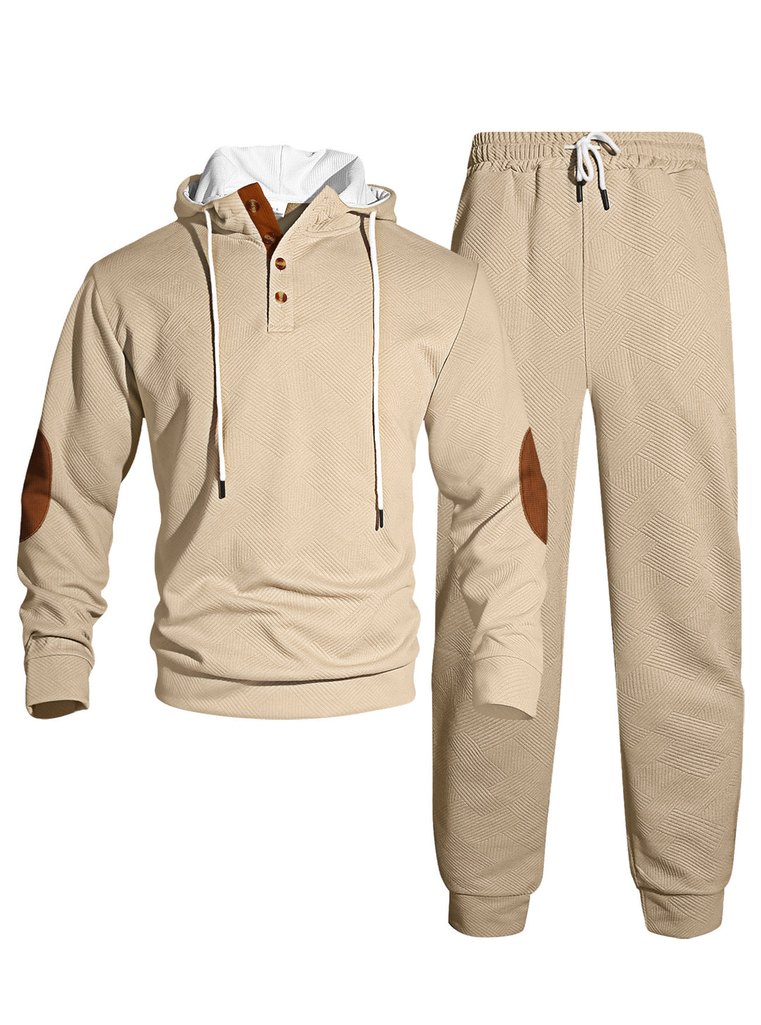 Herren nan Waffelstruktur Henley-Kapuzen-Set mit Holzknopfleiste Ellbogen-Patches und konischer Jogginghose R&B