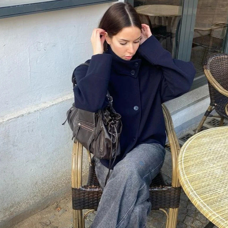 Damen modische Kurzjacke mit hohem Kragen und Knopfverschluss R&B