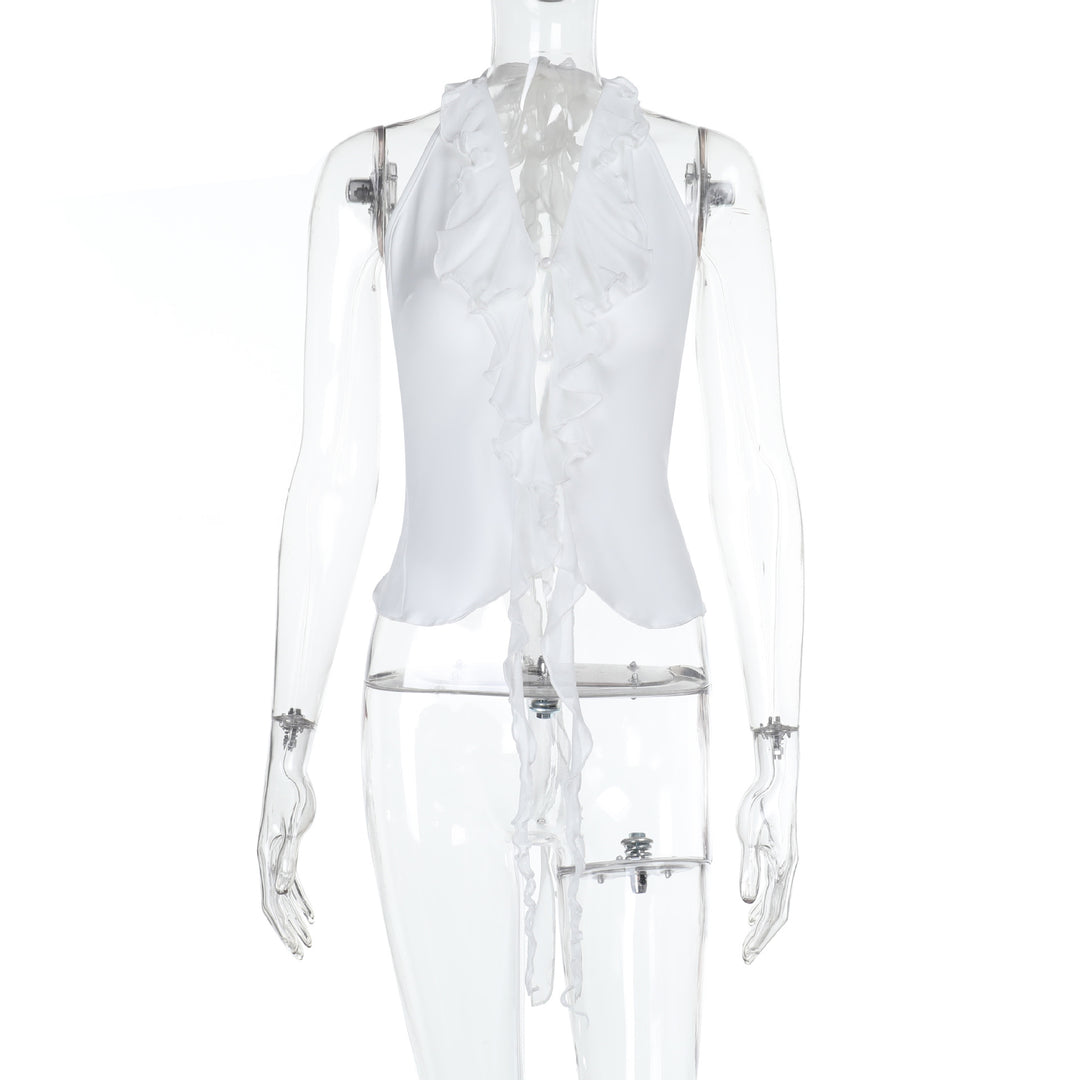 Damen elegantes Rüschenoberteil mit tiefem V-Ausschnitt und feinem Satin R&B