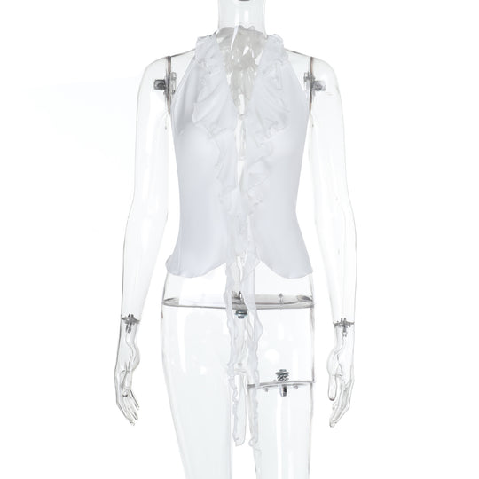 Damen elegantes Rüschenoberteil mit tiefem V-Ausschnitt und feinem Satin R&B