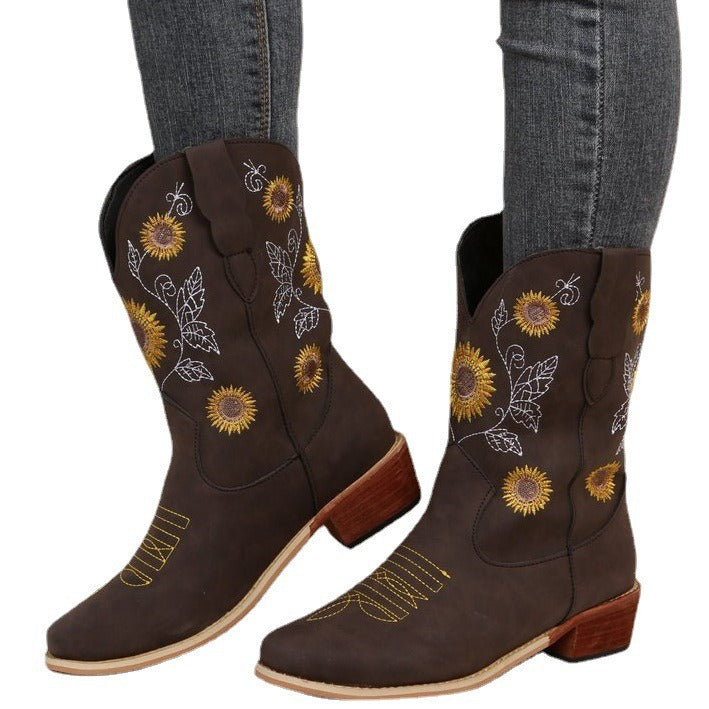 Damen Cowboy-Stiefel mit floralem Stickdesign und robustem Blockabsatz R&B