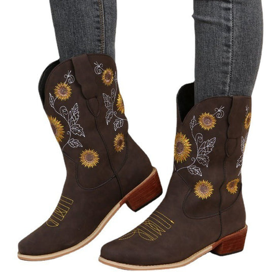 Damen Cowboy-Stiefel mit floralem Stickdesign und robustem Blockabsatz R&B