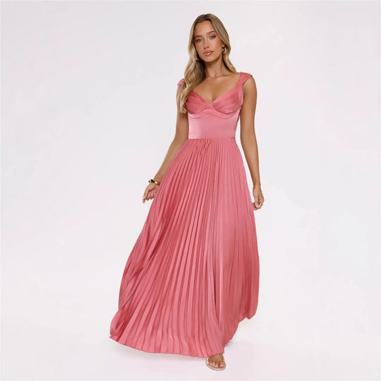 Damen Plissiertes Maxikleid mit vorteilhaftem V-Ausschnitt und femininem Design R&B