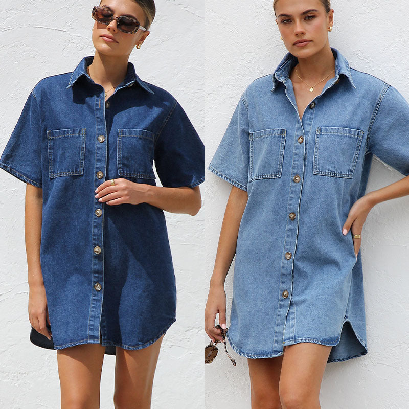 Damen Denim Hemdkleid mit kurzen Ärmeln und praktischen Taschen R&B
