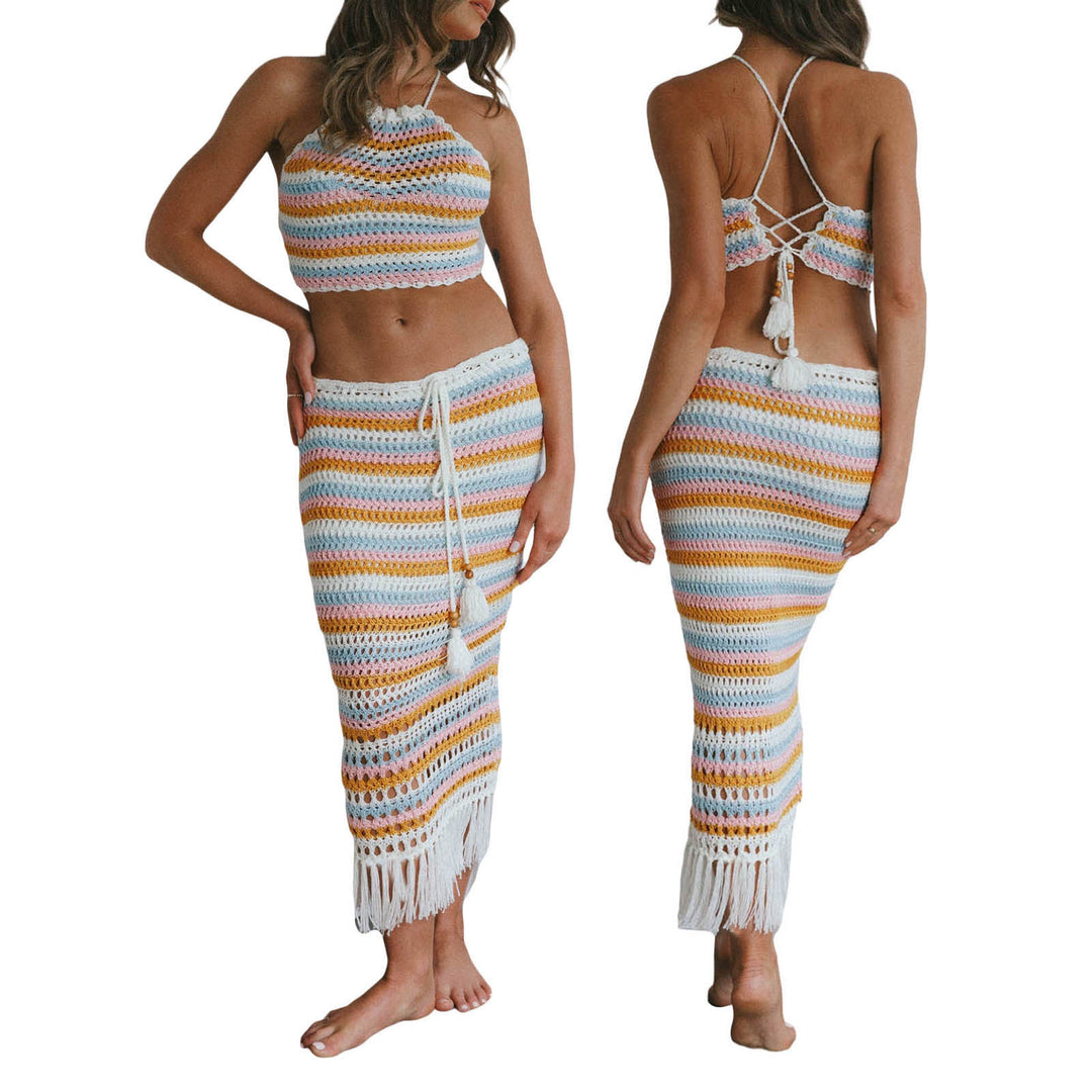 Damen gehäkeltes Bikini-Top und Maxirock Set R&B