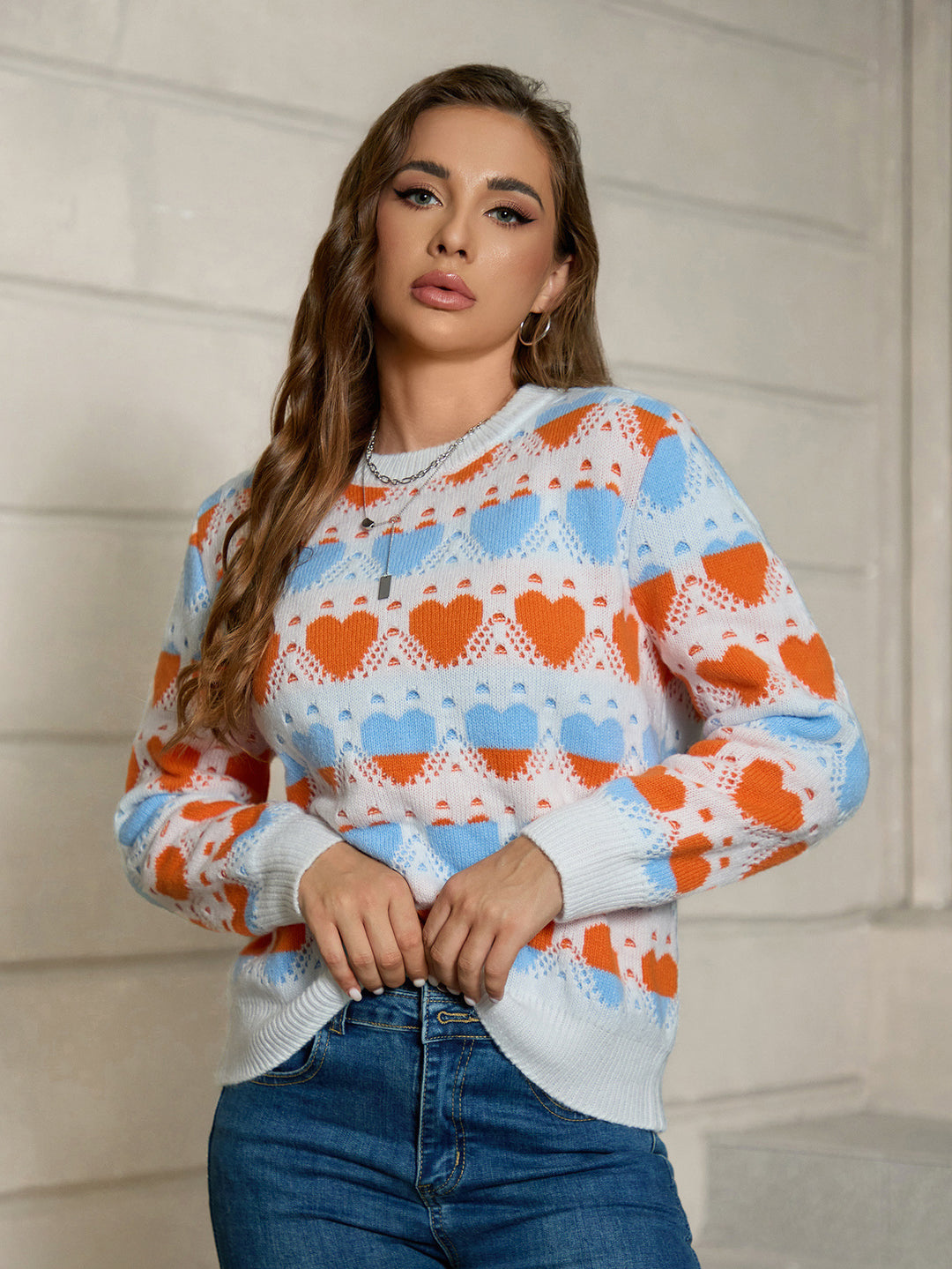 Damen Strickpullover mit Herzmuster und lockerer Passform R&B