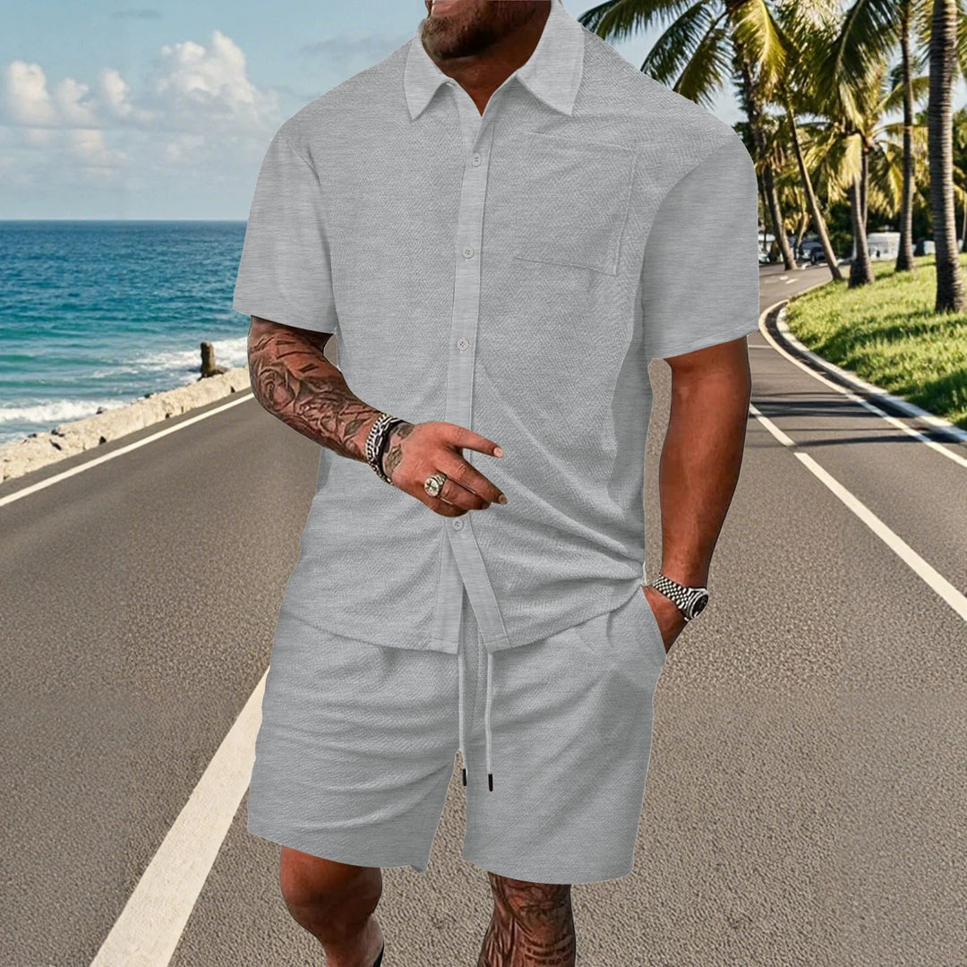 Herren nan durchgeknöpftes Freizeitset mit Hemdkragen Fischgrätstruktur Brusttasche und Kordelzug-Bermuda R&B