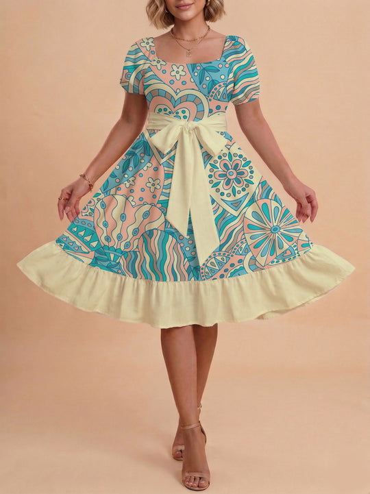 Damen elegantes Maxikleid mit floralem Design und Taillengürtel R&B