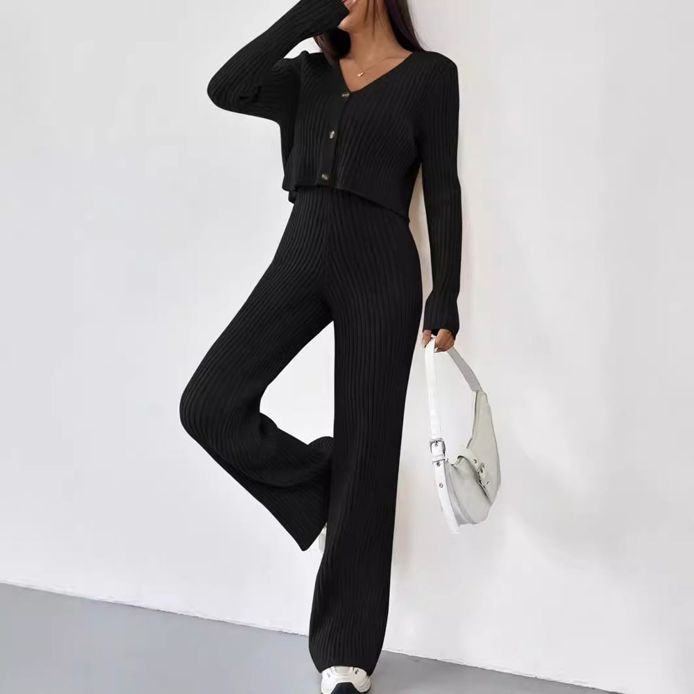 Damen elegantes Rippstrick-Set mit V-Ausschnitt und Knopfdetails R&B