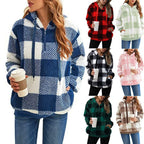 Damen kuschelige Karo-Hoodiejacke mit Reißverschluss und Kängurutasche R&B