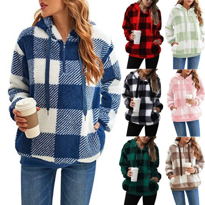 Damen kuschelige Karo-Hoodiejacke mit Reißverschluss und Kängurutasche R&B