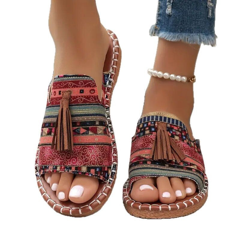 Damen Clogs mit buntem, geflochtenem Design und modischen Quasten R&B