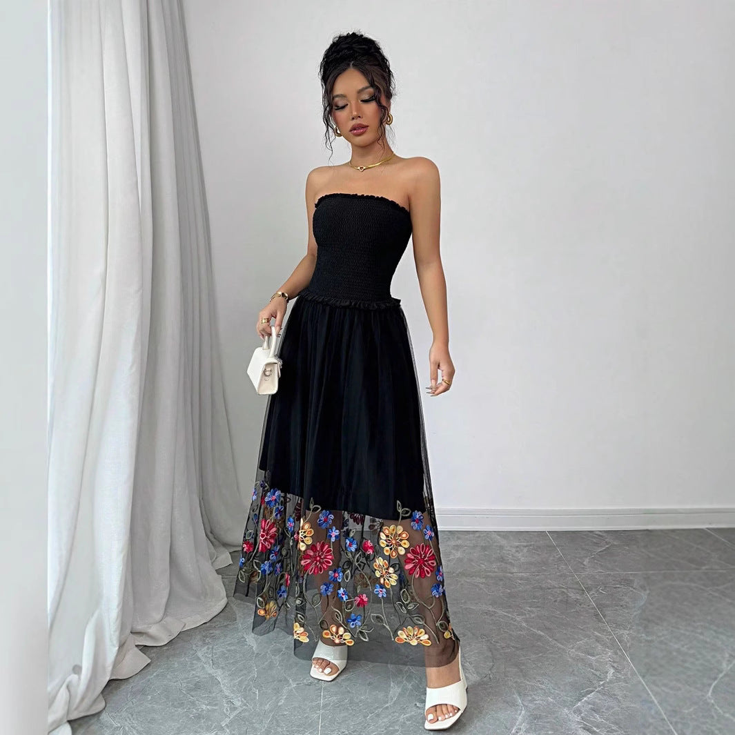 Damen Off-Shoulder Maxikleid mit floralem Stickereinsatz und transparenter Schätzung R&B