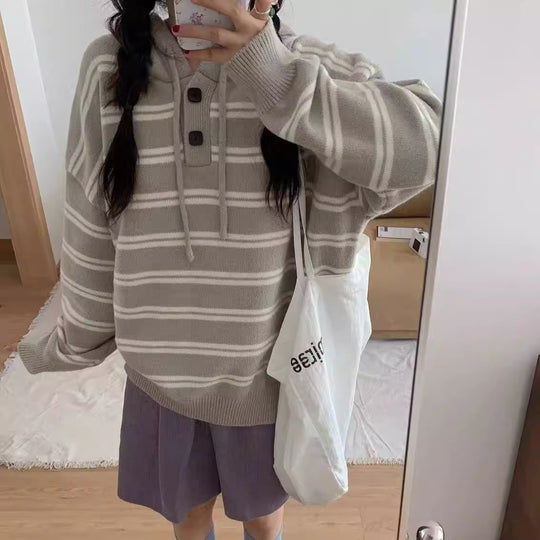 Damen lässiger Streifenpullover mit Knopfleiste und Kapuze R&B