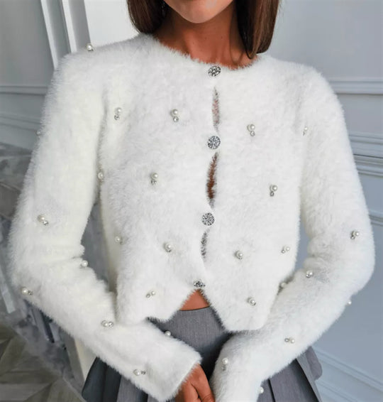 Damen Flauschige Strickjacke mit Schmuckknöpfen und elegantem Schnitt R&B