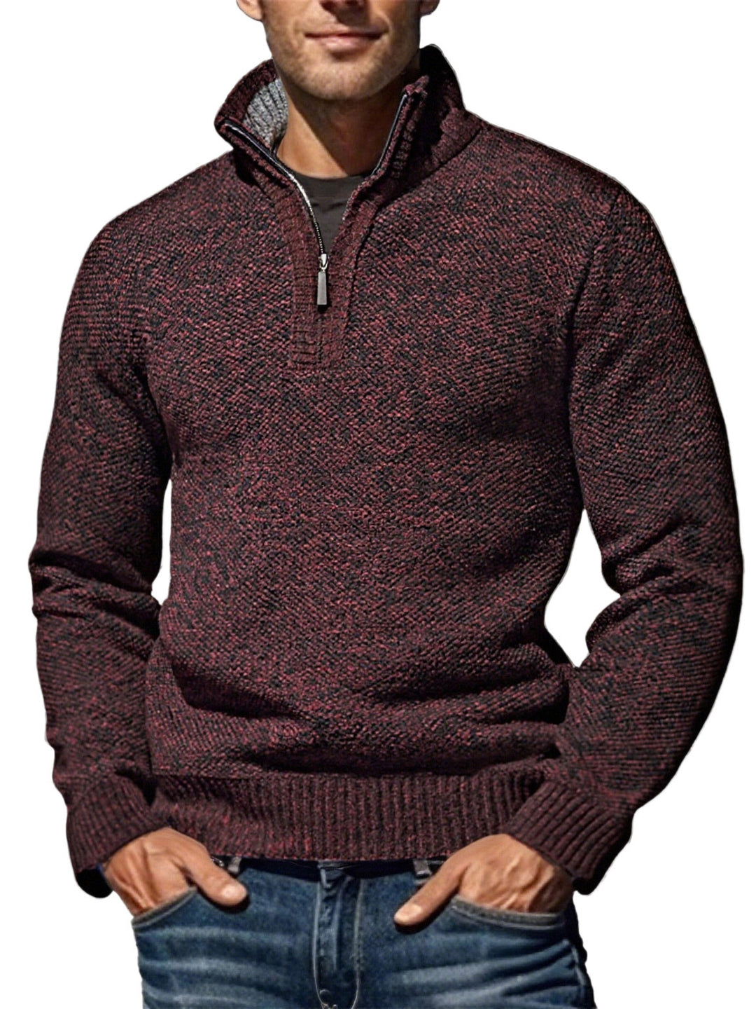 Herren nan grobgestrickter Strickpullover mit halbem Reißverschluss und hohem Stehkragen R&B