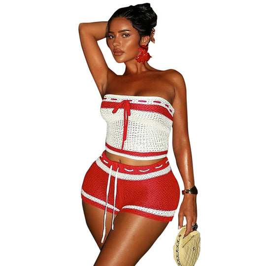 Damen Knitted Bandeau Set mit Shorts und verstellbarem Kordelzug R&B