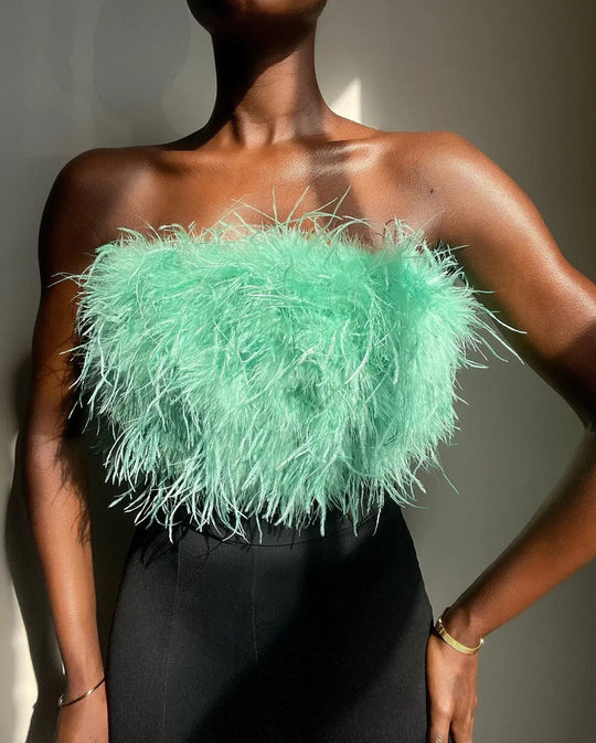 Damen Glamouröses Plüsch-Top mit abnehmbaren Trägern und fransigen Details R&B