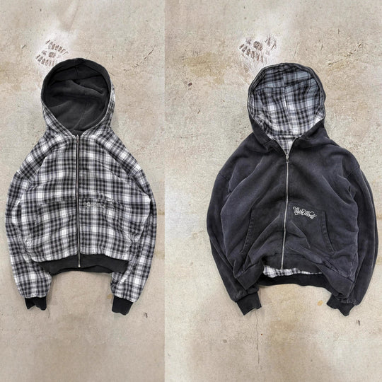 Unisex nan wendbare Kapuzenjacke mit kariertem Innenfutter, durchgehendem Reißverschluss und Kängurutasche R&B