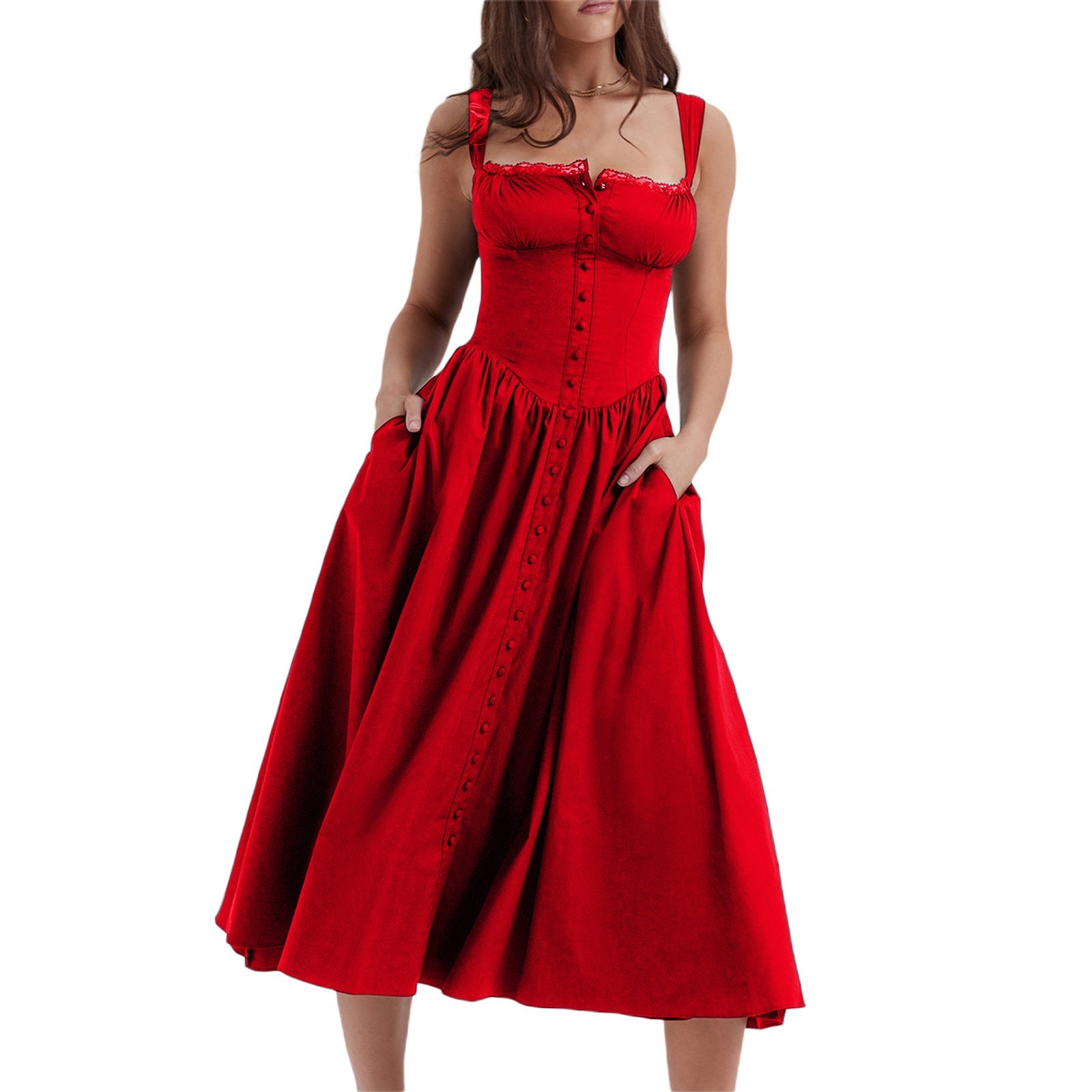 Damen Maxi-Kleid mit knöpfbarem Oberteil und schwingendem Rock R&B