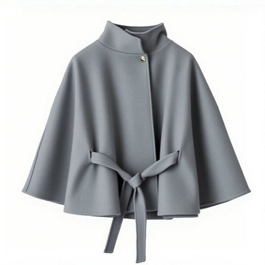 Damen elegante Umhangjacke mit Bindegürtel und hochgeschlossenem Kragen R&B