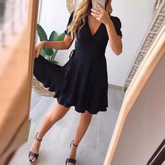 Damen nan leichtes Wickelkleid mit V-Ausschnitt, Kurzärmeln, Taillenband und Volantrock R&B
