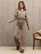 Damen nan gestricktes Loungewear-Zweiteiler mit kurzem Reißverschluss-Cardigan und weitem Highwaist-Hosenbein R&B