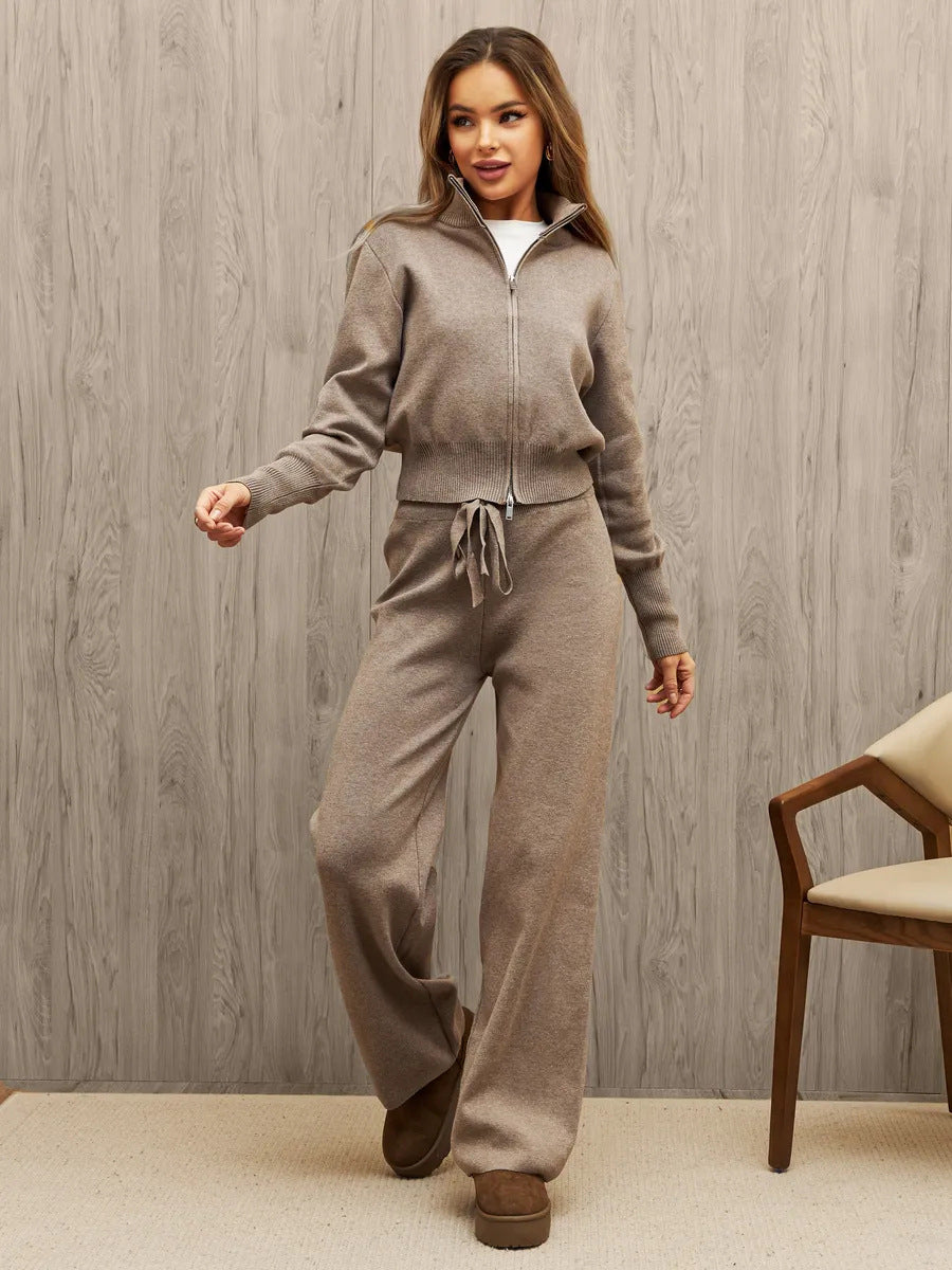 Damen nan gestricktes Loungewear-Zweiteiler mit kurzem Reißverschluss-Cardigan und weitem Highwaist-Hosenbein R&B