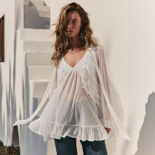 Damen Elegantes Rüschen-Blusenkleid mit tiefem V-Ausschnitt und fließendem Stoff R&B