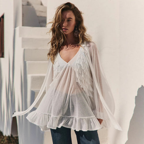 Damen Elegantes Rüschen-Blusenkleid mit tiefem V-Ausschnitt und fließendem Stoff R&B