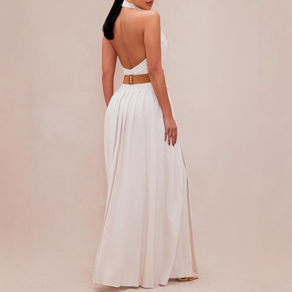 Damen Elegantes Maxikleid mit tiefem V-Ausschnitt und schmeichelndem Taillengürtel R&B