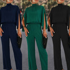 Damen Eleganter Jumpsuit mit fließendem Cape-Design und hochgeschlossenem Ausschnitt R&B