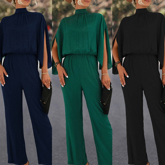 Damen Eleganter Jumpsuit mit fließendem Cape-Design und hochgeschlossenem Ausschnitt R&B