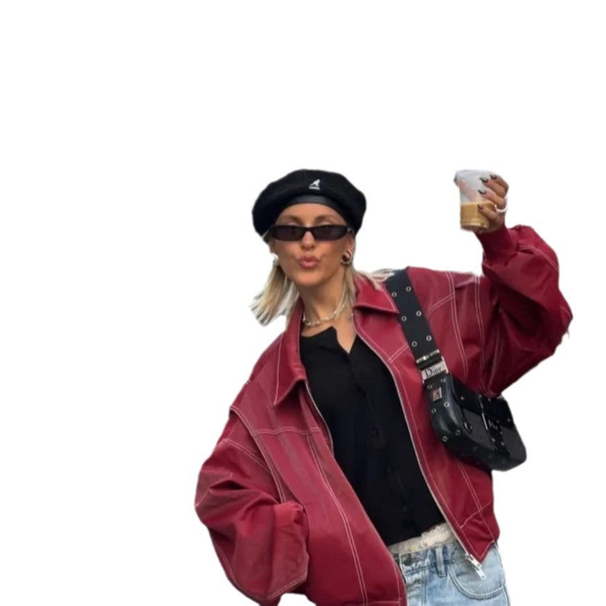 Damen Kunstlederjacke mit elastischen Bündchen und hochschließendem Kragen R&B