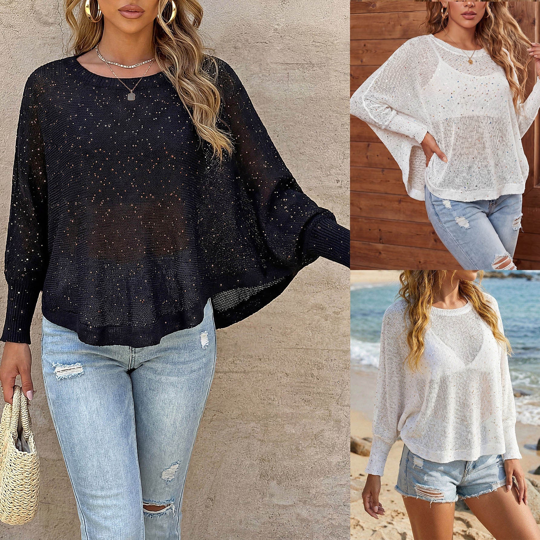 Damen luftiger Strandpullover mit funkelndem Glitzer R&B