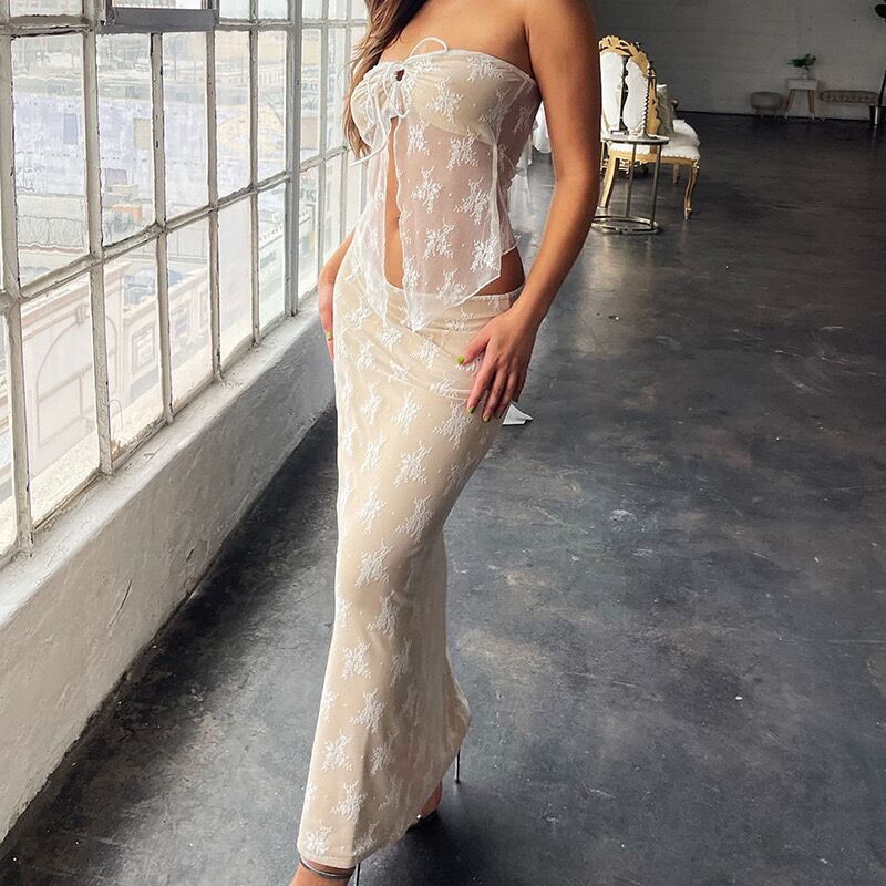 Damen Transparentes Spitzen-Maxikleid R&B