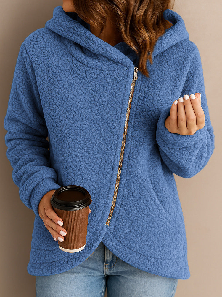 Damen Flauschige Kapuzenjacke mit asymmetrischem Reißverschluss R&B