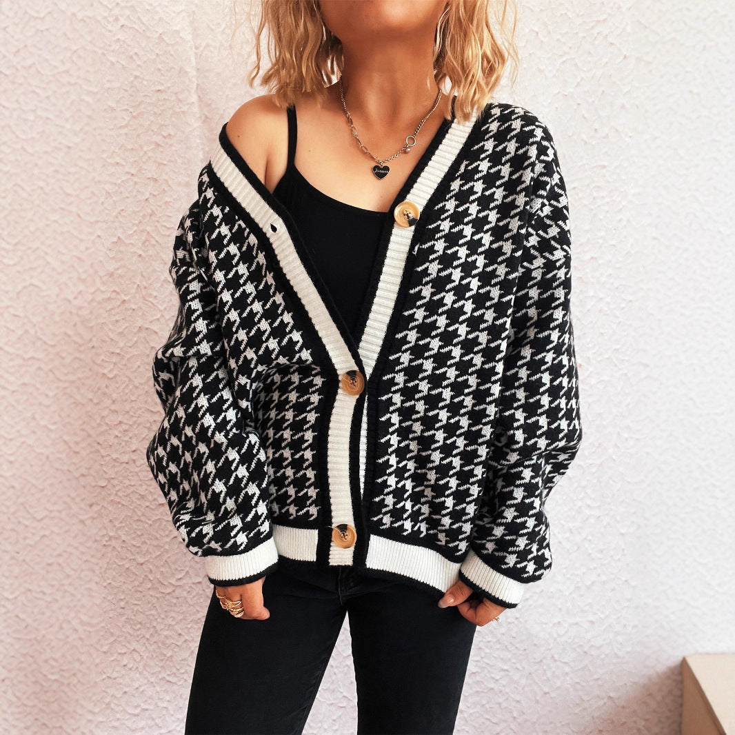 Damen lässiger Strickcardigan mit modischem Hahnentritt-Muster und Holzknöpfen R&B