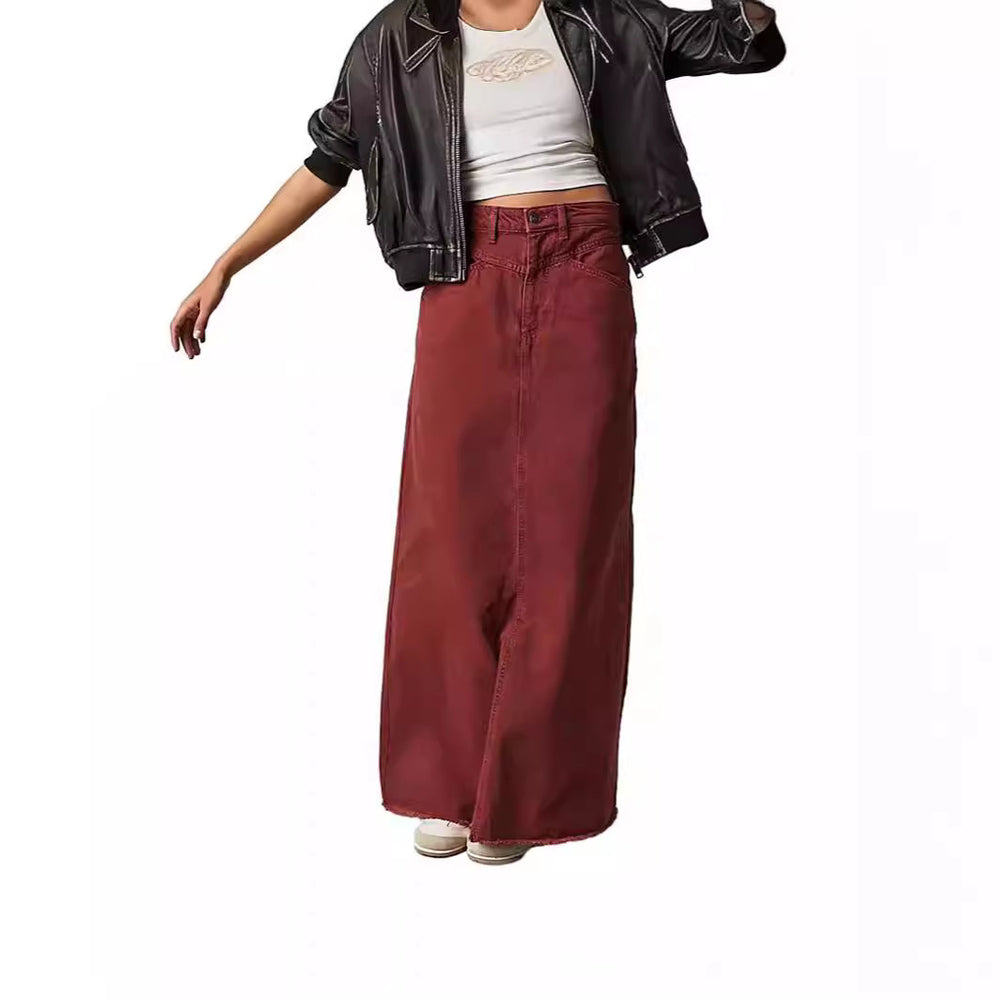 Damen Langer Denim-Rock mit hohem Bund und praktischen Taschen R&B