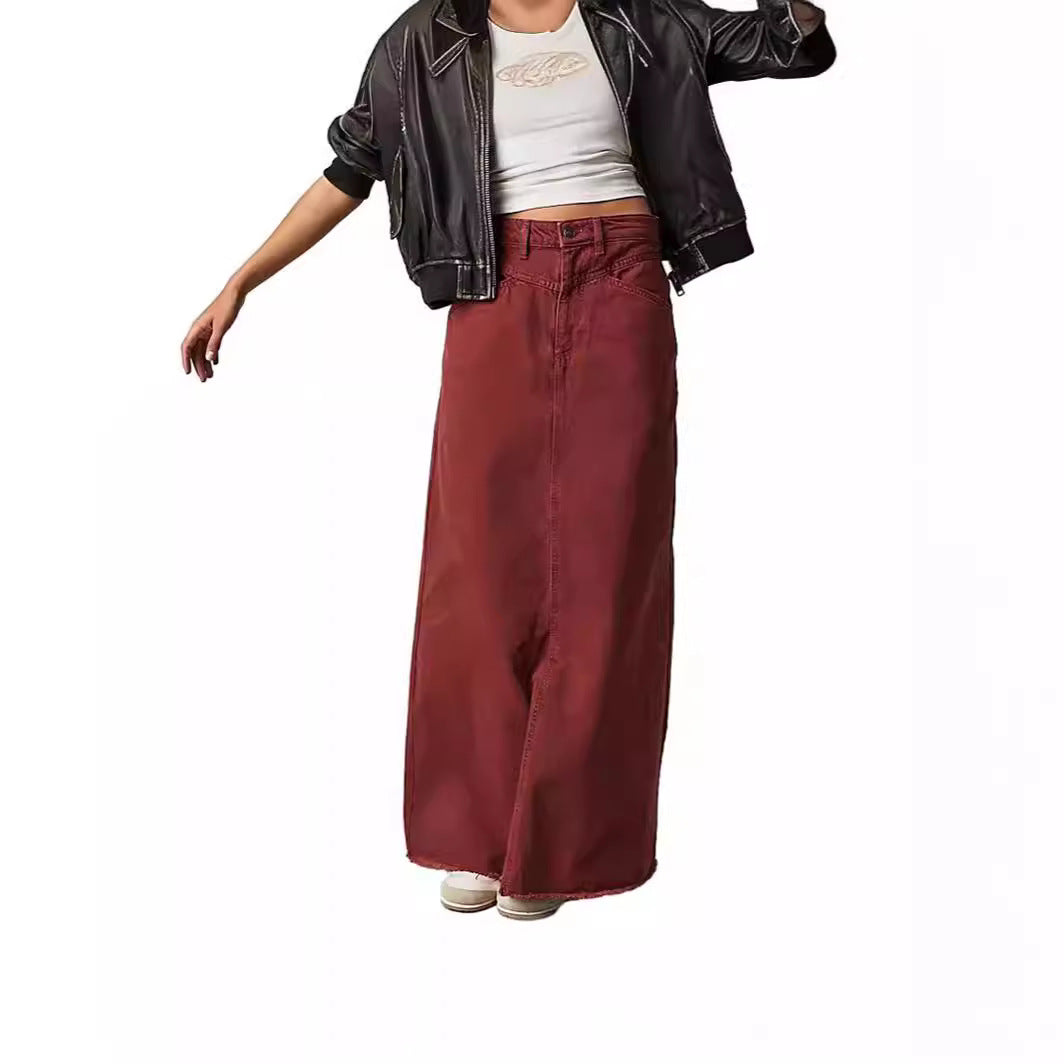 Damen Langer Denim-Rock mit hohem Bund und praktischen Taschen R&B
