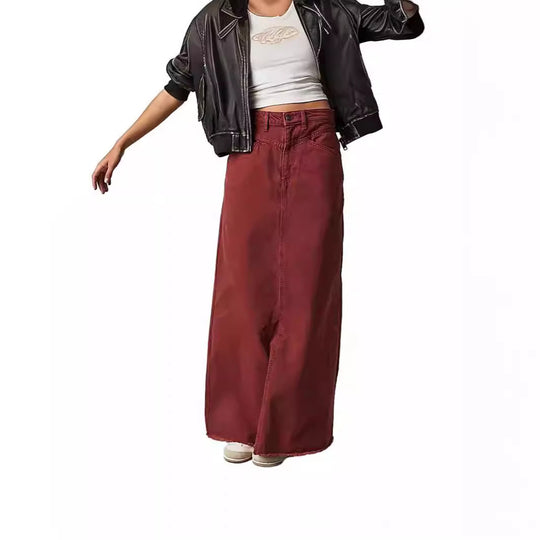Damen Langer Denim-Rock mit hohem Bund und praktischen Taschen R&B