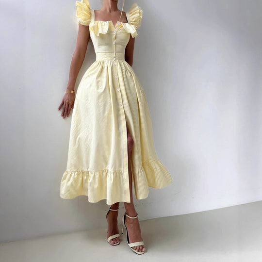 Damen Rüschensommerkleid mit Knopfdetails und weitem Rock R&B