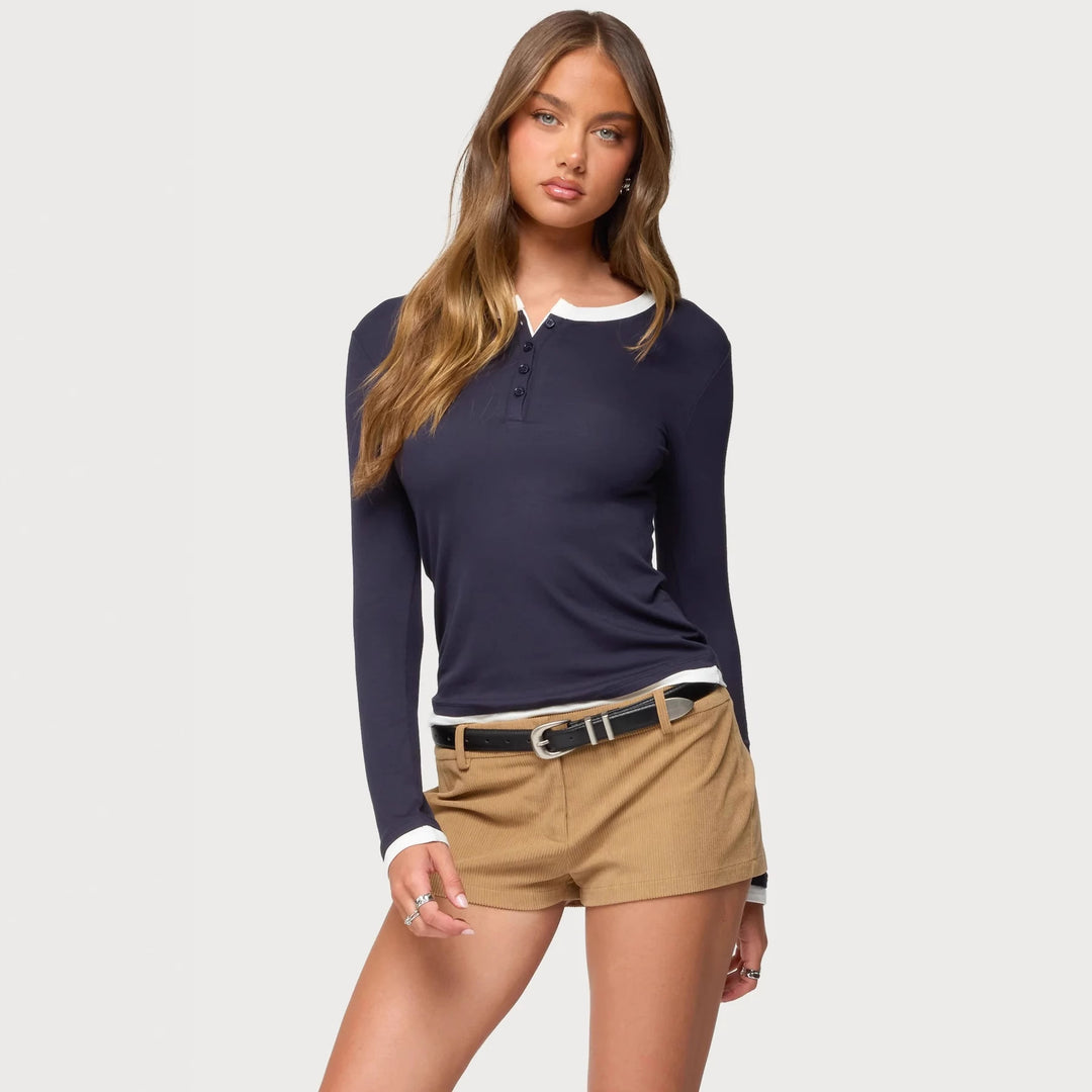Damen Langarmshirt mit funktionalem Knopfleiste und Kontrastkragen R&B