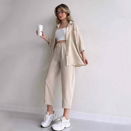 Damen lässige Loungewear-Kombination mit leichtem Leinenhemd und elastischer Hose R&B