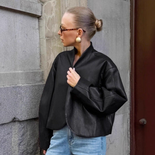 Damen modische Cropped Jacke mit voluminösen Ärmeln R&B