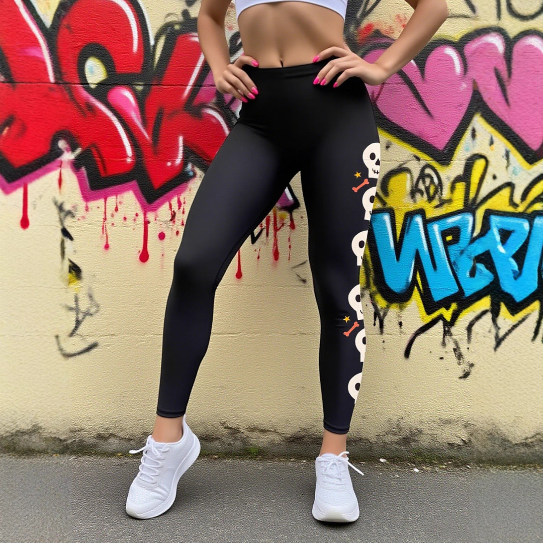 Damen Leggings mit stylischem Totenkopf-Motiv und hohem Bund R&B