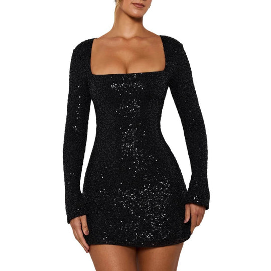 Damen Glitzerndes Minikleid mit langem Arm und elegantem U-Bootausschnitt R&B