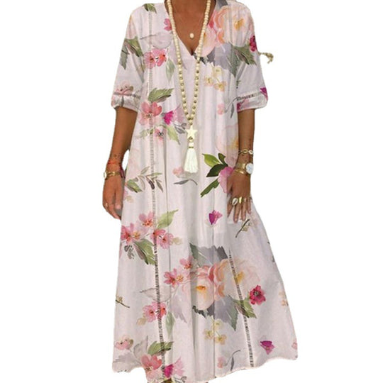 Damen nan locker fließendes Kaftan-Midimaxikleid mit V-Ausschnitt, ajourbesetzten Bahnen und leichter Leinenmisch-Qualität R&B