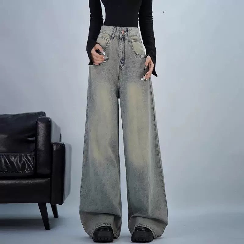 Damen trendige Baggy-Jeans mit hohem Bund und weiten Beinen R&B