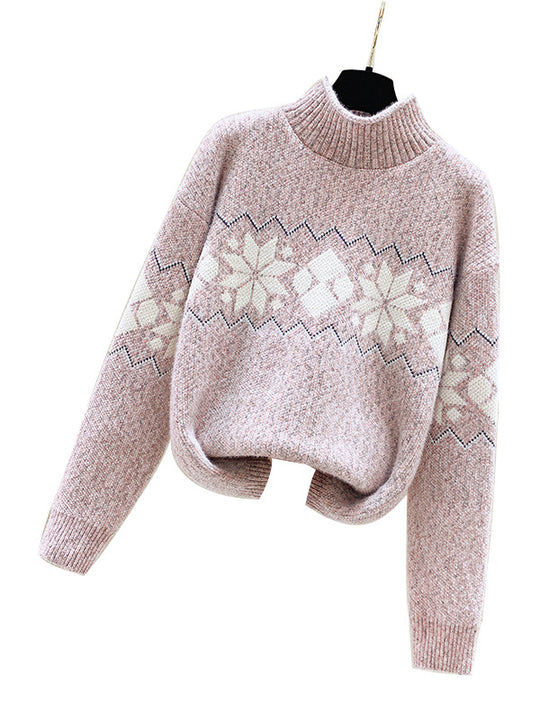 Damen kuscheliger Pullover mit hochgelegtem Kragen und winterlichem Motiv R&B